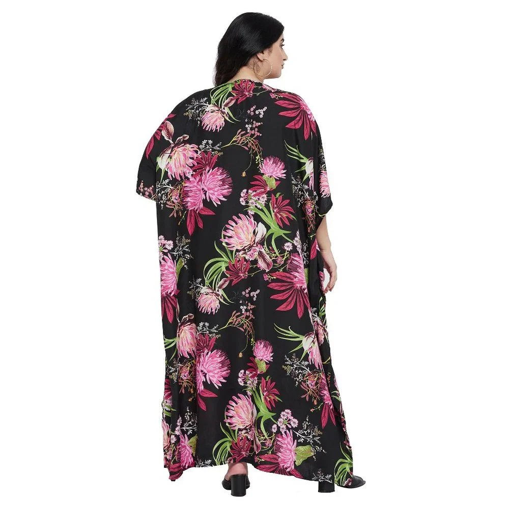 Plus Floral V-Neck Swim Coverup Kaftan in Black and Pink - Picture 8 of 9